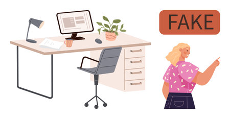 Woman gesturing at bold Fake next to clean modern workspace with desk, monitor, office chair, lamp, paper, and plant. Ideal for workplace communication, hoax awareness, discernment authenticityのイラスト素材