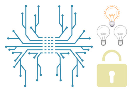 Circuit board connections branching from a central point with lightbulbs symbolizing ideas and a padlock for security. Ideal for technology, innovation, cybersecurity, safety, creativity, systemsのイラスト素材