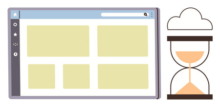 Hourglass alongside web interface mock-up with a cloud represents efficiency, time tracking, and productivity. Ideal for workflow, network, technology, time management, data storage, cloud computingのイラスト素材