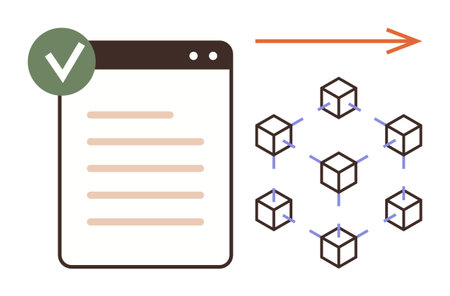 Document with checkmark next to linked blockchain nodes showing data approval and distribution process. Ideal for data security, blockchain integration, transparency, tech innovationのイラスト素材