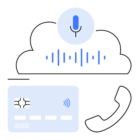 Microphone on cloud with soundwaves, mobile payment card, and phone icon. Ideal for tech innovation, cloud storage, AI, voice data processing, banking security, digital payment abstract line flatのイラスト素材