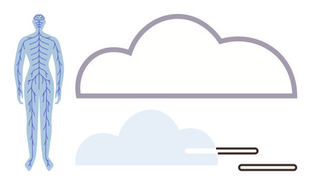 Human nervous system diagram connected to cloud outline, signifying data, tech, and biology. Ideal for healthcare, networks, AI, biometrics cloud computing innovation. Simple flat metaphorのイラスト素材
