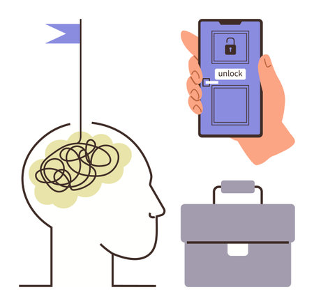 Brain silhouette with tangled lines, a flag, a hand holding a phone with a lock screen, and a briefcase. Ideal for innovation, productivity, creativity, problem-solving, technology brainstormingのイラスト素材