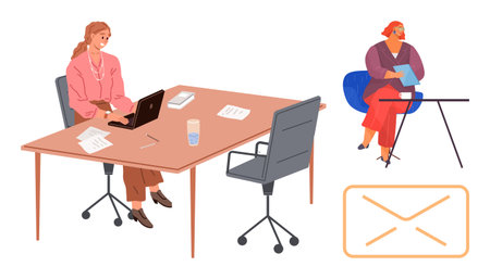 Two women at a workspace, one on a laptop and the other reading papers. A large envelope highlights communication. Ideal for teamwork, productivity, communication, office work, remote workのイラスト素材
