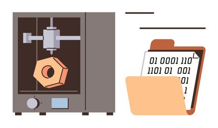 3D printer producing a hexagonal object, alongside an open folder displaying binary codes. Ideal for technology, 3D printing, innovation, digital fabrication, coding, engineering, and manufacturingのイラスト素材