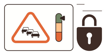 Traffic sign with cars, alert gauge, and lock symbolizing road safety, congestion alerts, and secured systems. Ideal for transportation, security, traffic management, warning systems riskのイラスト素材
