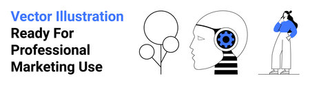 Head with a gear symbolizing innovation, balloons suggesting ideas, and contemplative person. Ideal...