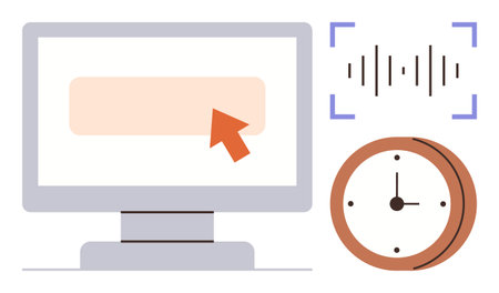 Computer monitor displays cursor clicking button, soundwave represents audio, clock symbolizes time. Ideal for productivity, technology, multitasking, efficiency, communication, time managementのイラスト素材