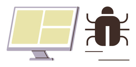 Computer monitor with yellow grid layout beside a stylized insect representing software bugs. Ideal for programming, debugging, software testing, cybersecurity, error detection, IT issues, codingのイラスト素材