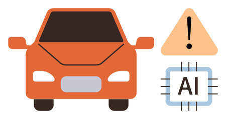 Orange autonomous car, warning triangle with exclamation mark, and AI chip emphasizing vehicle safety, automation, and technology. Ideal for AI, transport, innovation, safety robotics future techのイラスト素材
