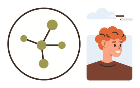 Network diagram with interconnected nodes and human profile showcasing connections, communication, and interaction. Ideal for teamwork, technology, networking, social relationships, scienceのイラスト素材
