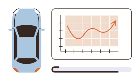 Blue car top view, upward growth graph on board, pointer stick suggesting analysis, progress, performance. Ideal for transportation, automobile trends, data increase, progress symbol businessのイラスト素材