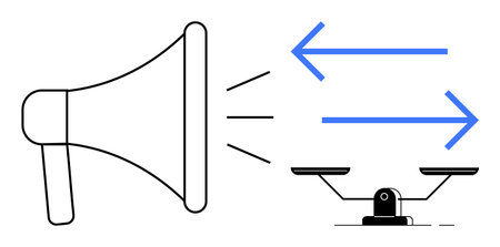 Megaphone projecting sound waves, blue arrows pointing in opposite directions, and balance scale. Ideal for communication, advocacy, negotiation, trade, equality, messaging cognitive balanceのイラスト素材