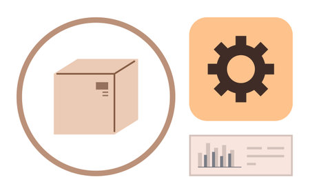 Cardboard box inside a circle, gear on yellow background, and data chart. Ideal for logistics, inventory, automation, supply chain, delivery planning, performance tracking simple flat metaphorのイラスト素材