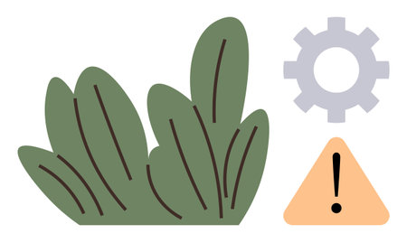 Green foliage, warning triangle with exclamation mark, and gear combine nature, caution, and system concepts. Ideal for ecology, environment, technology, sustainability awareness conservationのイラスト素材