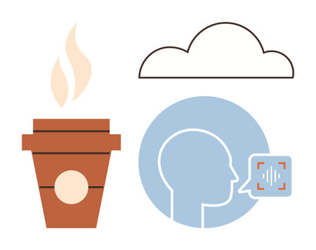 Takeaway coffee cup, outlined cloud, and human head with voice recognition interface display smart work, communication, and tech. Ideal for productivity, AI, networking, innovation lifestyleのイラスト素材