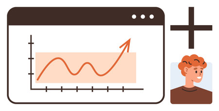 Rising graph in web window with upward arrow and smiling person linked by large plus sign. Ideal for growth, success, analytics, teamwork, connection, innovation, simple flat metaphorのイラスト素材