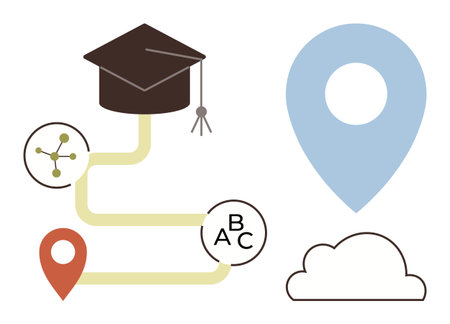 Graduation cap atop winding path with connected nodes, map markers, and cloud. Ideal for education, career planning, navigation, achievement, e-learning future goals online resources. Simple flatのイラスト素材