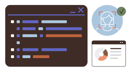 Dark-themed coding interface, user face recognition with a checkmark, and data pie chart in a...