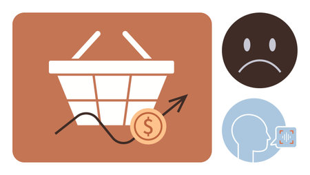 Shopping basket with rising trends and dollar sign, sad face for dissatisfaction, profile head with feedback bubble. Ideal for economy, retail, e-commerce, trends, consumer behavior, business growthのイラスト素材