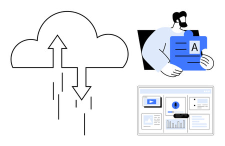 Cloud with arrows showing data transfer, person holding document, and webpage elements. Ideal for cloud computing, file sharing, data, remote work, digital tools, IT management simple flat metaphorのイラスト素材