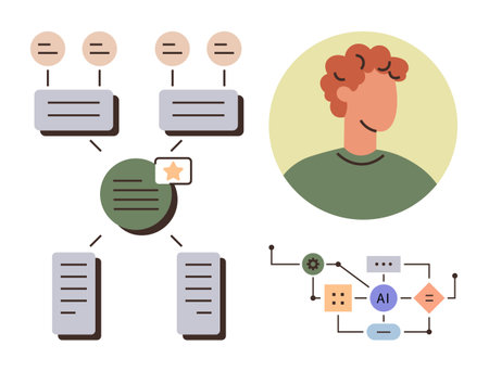 Human-centered AI decision tree with linked node diagrams, workflow logic, and automation process. Ideal for data science, AI, automation, algorithms, user interaction, decision tools simple flatのイラスト素材