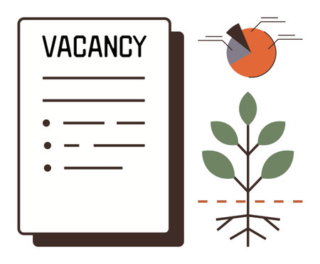 Vacancy document with three bullet points next to a stylized growth tree and pie chart. Ideal for employment, recruitment, career growth, statistics, job market, strategy, and opportunity themesのイラスト素材