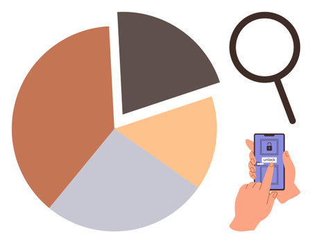 Pie chart with four segments, magnifying glass, hand unlocking smartphone. Ideal for analytics, security, research, technology, statistics business insights problem-solving. Simple flat metaphorのイラスト素材