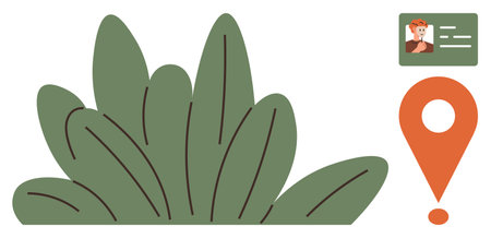 Green foliage beside an orange geolocation marker and ID card highlighting identity, nature, and location. Ideal for navigation, identification, environment, travel, mapping, apps security conceptsのイラスト素材