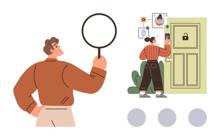 Woman scans images for facial recognition to unlock a smart door. Man holds magnifying glass analyzing. Ideal for security, innovation, technology, research, privacy, access control, data analysisのイラスト素材