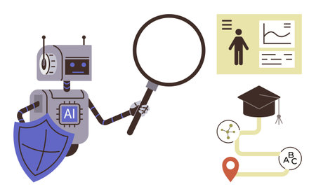 AI robot with magnifying glass examining data chart, shield, academic cap, and location marker. Ideal for technology, education, research, innovation, data security artificial intelligenceのイラスト素材