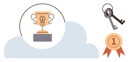 Trophy on cloud pedestal, ribbon badge, and keys symbolizing success, achievement, recognition. Ideal for motivation, career growth, competition leadership goal setting personal success. Simpleのイラスト素材