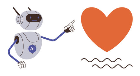 Cute AI robot pointing at orange heart with wavy lines below. Ideal for technology, communication, empathy, innovation, relationships, AI-human bond, digital connection. Simple flat metaphorのイラスト素材