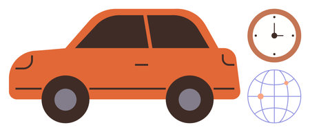 Orange car, analog clock, and globe underline travel, punctuality, and global connection. Ideal for logistics, travel, time management, mobility globalization transportation simple flat metaphorのイラスト素材