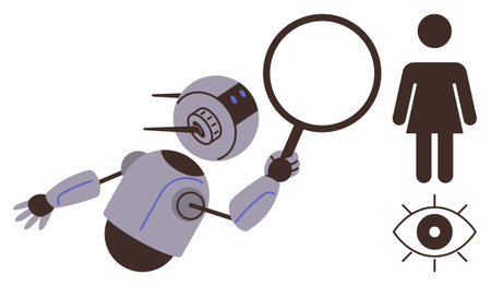 Robot holding magnifying glass, analyzing human figure and eye. Ideal for AI, technology, surveillance, research, data analysis, innovation ethical considerations themes. Engaging flat metaphorのイラスト素材