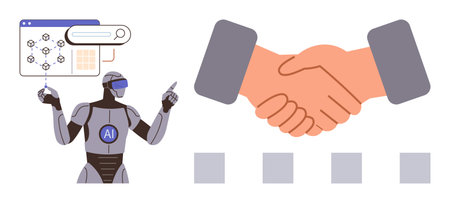 AI robot with data visualization and handshake representing innovation, collaboration, digital solutions, teamwork, and trust. Ideal for AI ethics, future tech, automation, partnerships roboticsのイラスト素材