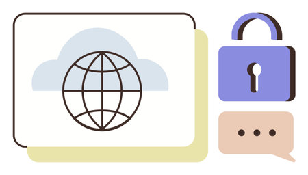 Globe in a cloud, lock icon, and speech bubble. Ideal for cybersecurity, data protection, cloud service, online privacy, communication, global network simple flat metaphorのイラスト素材
