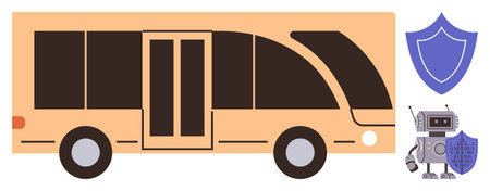 Orange autonomous bus beside a robot holding a shield in a security-themed design. Ideal for transport, technology, safety, automation, security systems, innovation, urban planning, simple flatのイラスト素材