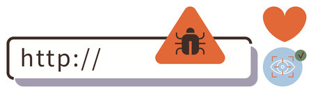 Red warning with bug icon in address bar highlights cybersecurity risks. Includes eye with checkmark for security, heart symbol for trust. Ideal for online safety, risk management, awarenessのイラスト素材
