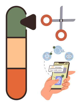 Confirmation code on smartphone screen, scissors cutting a line, progress bar ideal for cybersecurity, data protection, secure login, digital identity, authentication, password management, simpleのイラスト素材