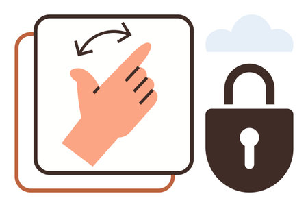 Hand making a swiping gesture with double arrow symbol, lock for security, and cloud icon. Ideal for data protection, privacy, user interface, gestures, cloud storage, authentication simple flatのイラスト素材