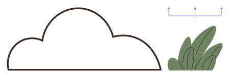 Cloud with a black outline beside green leafy foliage and minimal connection diagram. Ideal for technology, environment, ecology, data storage, cloud computing, nature, sustainability. Minimal flatのイラスト素材