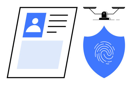 ID card with user details, shield with fingerprint, and surveillance camera highlighting concepts of...