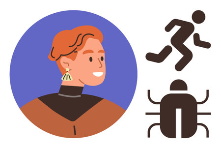 Portrait of a smiling individual with red hair beside a running figure and a bug icon. Ideal for teamwork, software issues, user interaction, technology, biology, fitness, and mindfulness simple flatのイラスト素材