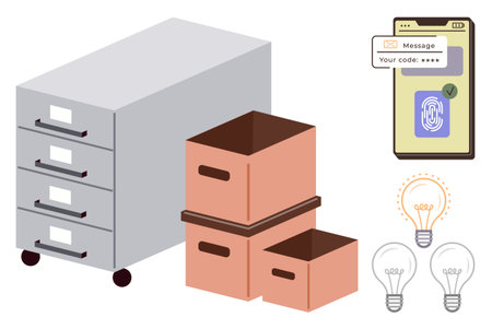 File cabinet, storage boxes, and smartphone with biometric lock represent data storage, security,...