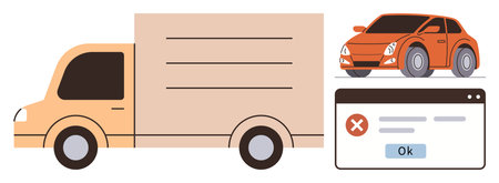 Freight truck and car next to a failed notification popup with a red error mark and ok button. Ideal for logistics, transport, delivery, malfunction, error management, system alert, simple flatのイラスト素材