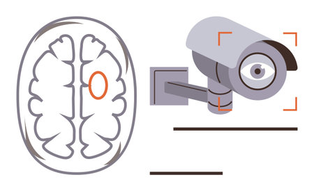 Brain diagram alongside surveillance camera with focus highlighted. Ideal for mental health, privacy, security, neuroscience, monitoring systems, cognition, and behavioral research. Simple flatのイラスト素材