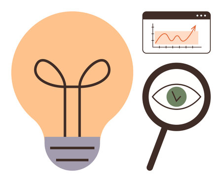 Lightbulb symbolizes innovation, magnifier with eye represents focus, and chart denotes progress. Ideal for creativity, growth, vision, analysis, problem solving, strategy productivity as a simpleのイラスト素材