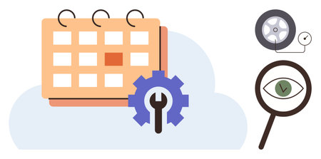 Calendar with gear, magnifying glass over eye, and tire inspection illustrates planning, maintenance, monitoring, and evaluation processes. Ideal for scheduling, organization, project managementのイラスト素材