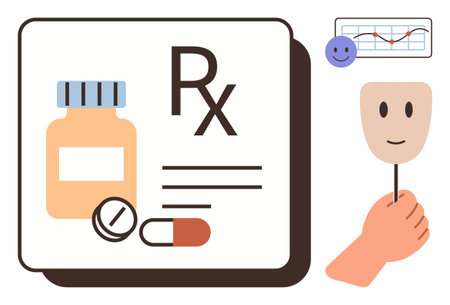 Medication bottle, pills, hand holding smiling face mask, and mood graph highlight health, therapy, treatment, self-care, positivity. Ideal for mental health wellness emotion regulationのイラスト素材